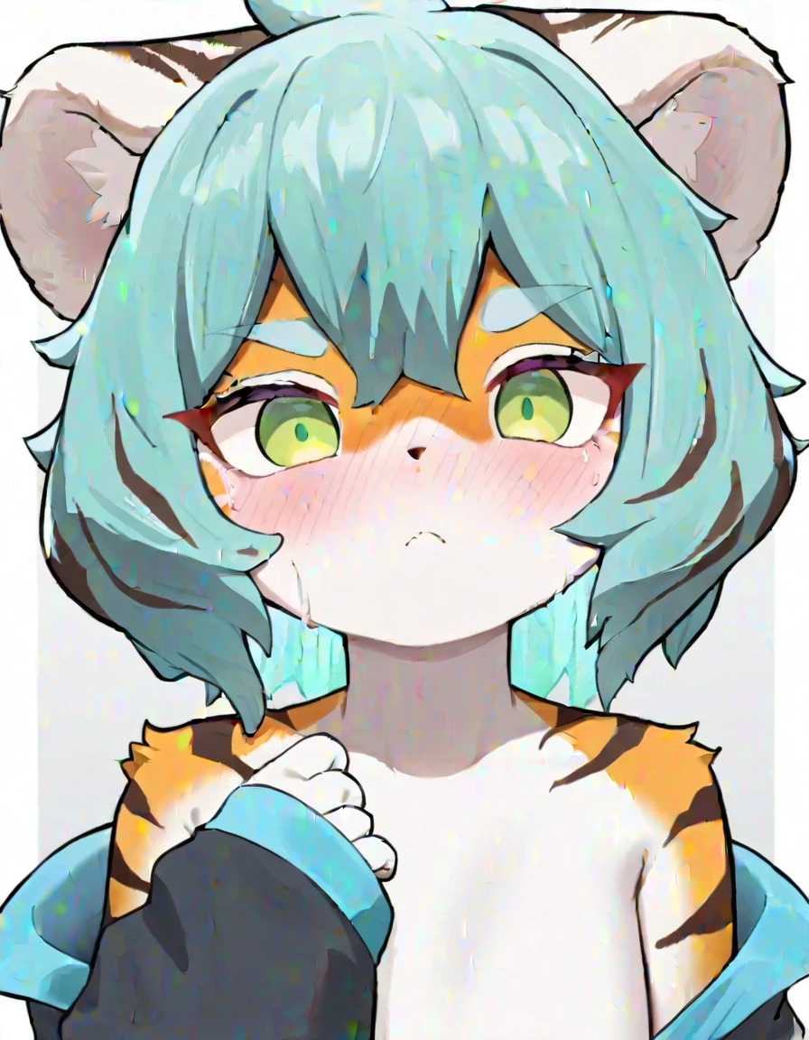 (Tiger Girl)),((,Fantasy,Blue-green kimono,Flat Chest)),anime, alone,Female furry_Mini Cute Style,humanoid cheetah,No light,