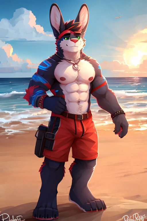 a close up of a man in a bathing suit holding a surfboard, fluffy chest, muscular werewolf, furry chest, furry body, super buff and cool, fluffy body, thick furry neck and chest fluff, his palms are sweaty, sfw version, ripped, gigachad muscular, at the beach, shirtless :: high detail, furry wolf, muscular character, large muscles