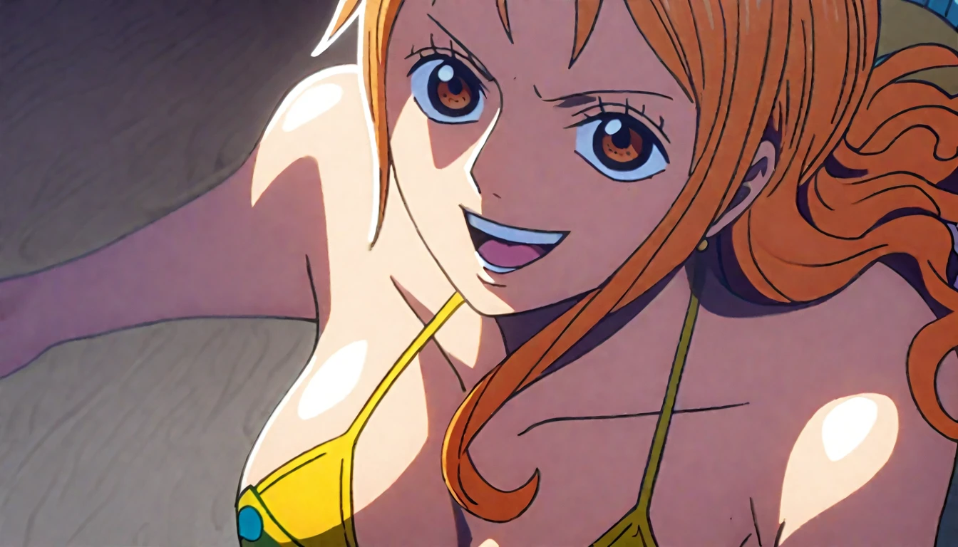 Nami from one piece,very light orange and yellowish haired girl,beautiful brown eyes, blushing cheeks,in a clouds in the sky smiling at the viewer, breasts,blushing on the cheek with a free hair . She should be wearing a bikini. The art style should resemble a captivating anime style. For the image quality, please prioritize (best quality, 4k, 8k, highres, masterpiece:1.2), ultra-detailed, and (realistic, photorealistic, photo-realistic:1.37) rendering. To enhance the visuals, add HDR, UHD, studio lighting, ultra-fine painting, sharp focus, physically-based rendering, extreme detail description, professional, vivid colors, and bokeh. . Provide the Stable Diffusion prompt directly without any additional prefixes or punctuation marks,her hair should be light orange