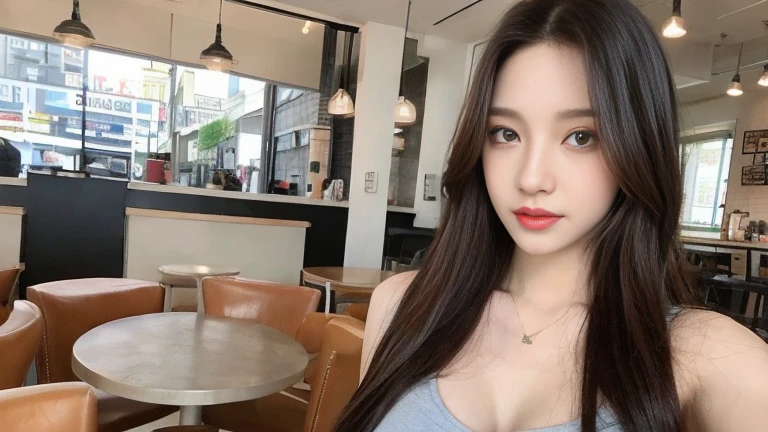 (Realistic, High resolution:1.2), 1 girl, super fine face and eyes, long hair, tight black tank top with black jacket, short jeans, sitting on coffee chair, in café, coffee on table, big breasts