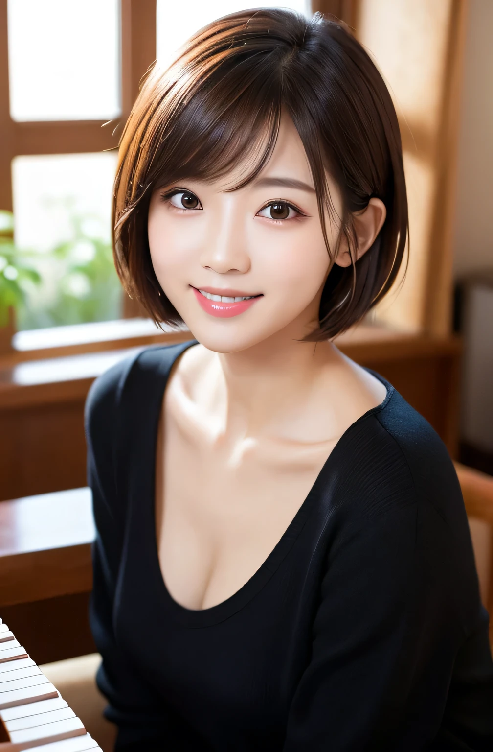(Photorealistic, 32k, RAW photo, best quality:1.4), (masterpiece:1.3), (ultra high resolution, ultra realistic, highly detailed, golden ratio, ultra detailed), natural makeup, intricate cloth texture, finely detailed hair texture, beautiful full-body view, perfect female form, anatomically accurate, highly detailed face and skin, (elegant hands), (realistic skin), (beautiful pale skin:1.1), (perfectly dynamic composition, engaging the viewer:1.3), (Lolita Fashion, sweetlolita, Gothic, Maid uniform:1.5),
BREAK,
realistic eyes, captivating detailed eyes, symmetric eyes, light brown eyes, double eyelids, thin eyebrows, (glossy lips:1.4), ((kissable expression, seductive smile:1.2)), (blush:1.3),
BREAK,
((short bob cut, dark brown hair, bangs:1.2)), (Daytime, home, charming smile:1.3),
