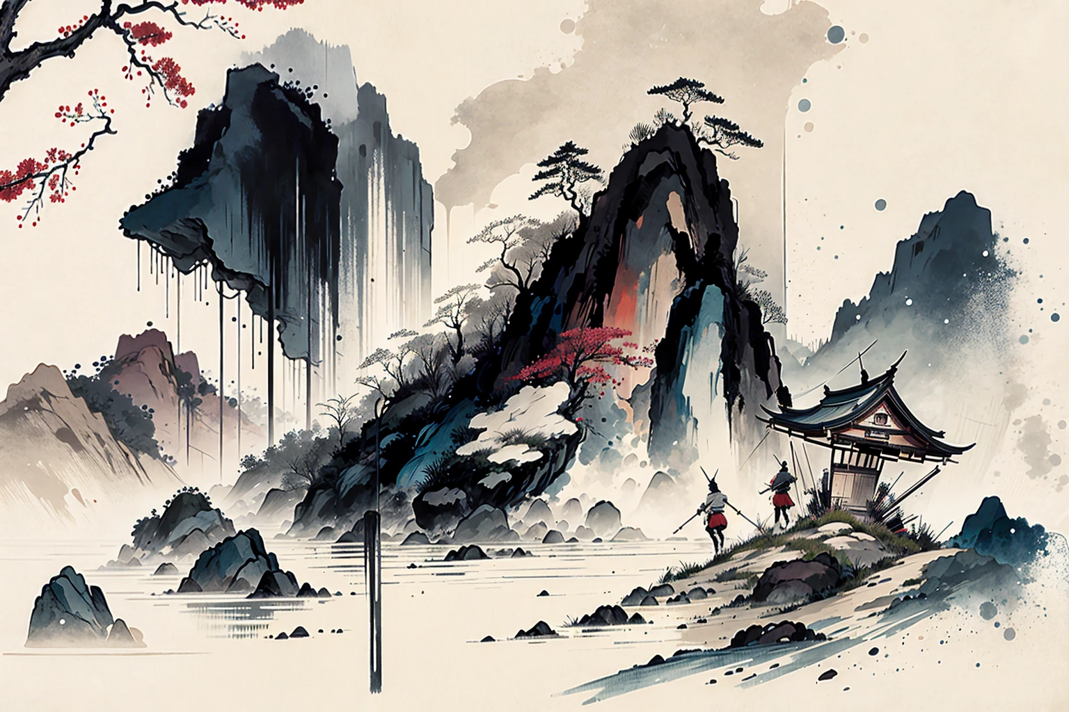 A man in a Chinese robe stands at the head of the bridge,Quaint,Game Icon Institute,correct, Reasonable structure,high resolution, Game icon,Weir structure,High quality, green trees,Red Wall,Best quality, Masterpiece, Chinese architecture, Mountains, Clouds, Waves, bamboo forrest,and harmonious,Chinese style,2D,Clear priorities, Fantasy style,k hd,Clear,8K