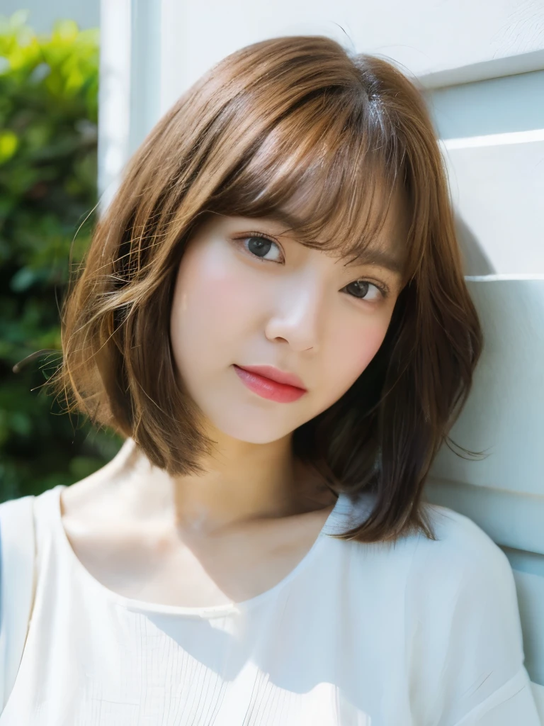 Close-up of a brown-haired woman in a white shirt, Shoulders - short hair, Shoulder-length hair, 、薄い茶髪、カメラ目線、長袖ブラウス、、White wall、In front of a white door、((窓のあるWhite wallの部屋))、Various poses、Simple Necklace、look at the camera