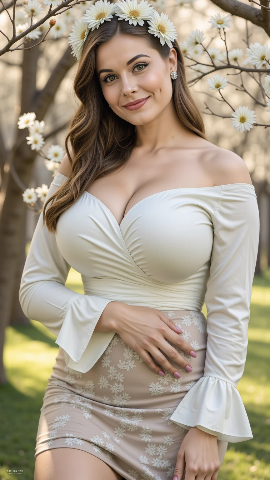 perfect eyes, fantastic face, MiddleEastern, beautiful look, ((light lips, bright eyes, curve heir 1.5)), (((beautiful details very huge breast ))), (Straight round and ultra huge clevage breast), A glorious gorgeous, glorious gorgeous face, pretty face, bright eyes, (detailed different Colourful elegant Gown with Designs with Voile, Pearl, Glitter, Textile and sleeves), updo elegant hair, blurred gray tones background, ultra focus, face ilumined, face detailed, 8k resolution, painted, dry brush, brush strokes, razumov style and garmash style, by Tokaito, (fluorescent colours:1.4),(semi transparent:1.4),(retro filters:1.4),(fanciful:1.4), Soft Fluffy Soft Landscape Light Soft Whimsical Light Peaceful Park Background Ultra Realistic Ultra High Quality Cinematic Lighting Huge Details Full HD Painting Plenty of light,diagonal bangs, Bright Colorful Gown ,side masterpiece, best qualityer,realskin,(sportrait:1.5), 1girll, bluntbangs, (long wavy hair), ((Peaceful Park)), ((Big Sexy Body Shape)), ((Portrait Photo)) (((Sexy Pose))), ((((White Skin Color))))
