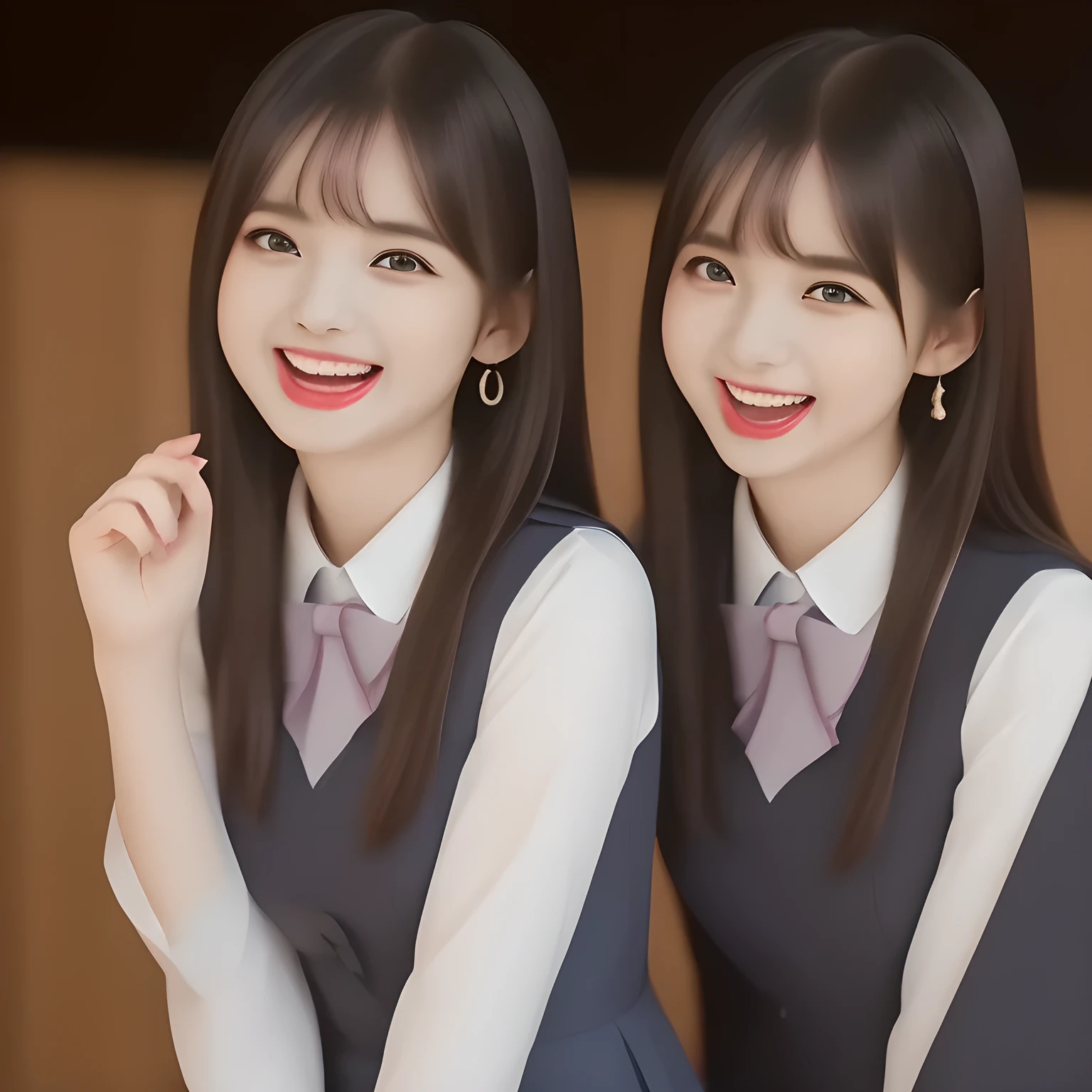 (highest quality, masterpiece, high resolution:1.2), 4K, (Photo quality detailed foreground: 1.2), geometry, (Two succubi of Cute noble beautiful slender girl girly Japanese photo model are (singing in a classic music hall) and looking at the viewer with her too beautiful eyes like laughing fashion model: 1.3), (Using expensive face-whitening cosmetics to make her skin more beautiful and pure by professional makeup artist: 1.5), (devious girlish fascinating laughter in bliss, devious girlish pose: 2.0), Laughing cutely, ((Dark blue) Japanese school girly vest Uniform with neat girly light-yellow short-sleeves school blouse, puffed short sleeves: 1.2), (white socks and school loafers, kicking back: 1.5), (Dark red glossy glossy school ribbon on the breast: 1.0), (Extremely laughing cheeks: 1.8), (Beautiful light-amber large clear open eyes with balanced and detailed cutely: 1.4), (double eyelids: 1.0), (highly curled bangs: 1.2), (Expressing the greatest joy with her whole body: 1.2), (Glossy lips: 1.0), (too long hair reaches her hips: 1.7), (cute earrings), (making the viewer crazy with her beautiful hands: 1.6), (white and clear skin: 1.0), (Laughing cute princess's eyes looking at me: 0.8), (Very shy, cute, slender, pretty, pretty, too girly & Girlish: National Beautiful Girl Grand Prix winners: 2.0), (Everything is organized to have strong effect of hypnosis for the viewer to fall into happy dream with many beautiful girls: 1.5), (The viewer must be transferred to the world of only beautiful girls right now when he sees the eyes of girls in the picture: 2),(Tight waist, slender: 1.5), (The girls know well about the viewer's super fetishism for school uniforms, and satisfies it completely: 1.7), (close shot: 1.5)