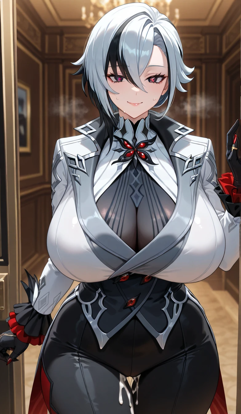 NSFW, arlecchino, arlecchino from genshin impact, big tits, super huge tits, cool girl, a quiet and serious girl, badass, firm expression, erotic model pose, full body, hot milking, mommy, will dominate me, hot body, lewd girl, waiting for sex, very begging for sex, Can't resist lustful desires, ((greeted behind the door)), maid costume