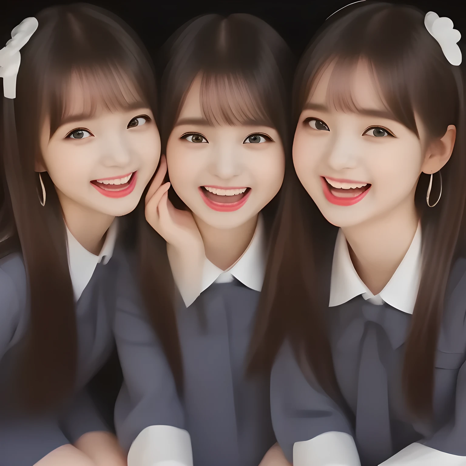 (highest quality, masterpiece, high resolution:1.2), 4K, (Photo quality detailed foreground: 1.2), geometry, (Two succubi of Cute noble beautiful slender girl girly Japanese photo model are (singing in a classic music hall) and looking at the viewer with her too beautiful eyes like laughing fashion model: 1.3), (Using expensive face-whitening cosmetics to make her skin more beautiful and pure by professional makeup artist: 1.5), (devious girlish fascinating laughter in bliss, devious girlish pose: 2.0), Laughing cutely, ((Dark blue) Japanese school girly vest Uniform with neat girly light-yellow short-sleeves school blouse, puffed short sleeves: 1.2), (white socks and school loafers, kicking back: 1.5), (Dark red glossy glossy school ribbon on the breast: 1.0), (Extremely laughing cheeks: 1.8), (Beautiful light-amber large clear open eyes with balanced and detailed cutely: 1.4), (double eyelids: 1.0), (highly curled bangs: 1.2), (Expressing the greatest joy with her whole body: 1.2), (Glossy lips: 1.0), (too long hair reaches her hips: 1.7), (cute earrings), (making the viewer crazy with her beautiful hands: 1.6), (white and clear skin: 1.0), (Laughing cute princess's eyes looking at me: 0.8), (Very shy, cute, slender, pretty, pretty, too girly & Girlish: National Beautiful Girl Grand Prix winners: 2.0), (Everything is organized to have strong effect of hypnosis for the viewer to fall into happy dream with many beautiful girls: 1.5), (The viewer must be transferred to the world of only beautiful girls right now when he sees the eyes of girls in the picture: 2),(Tight waist, slender: 1.5), (The girls know well about the viewer's super fetishism for school uniforms, and satisfies it completely: 1.7), (close shot: 1.5)