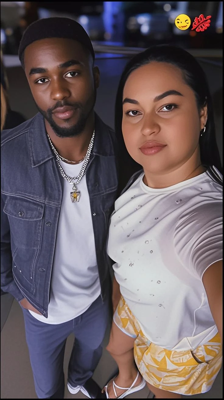 casal num bar, The man is fat with black skin and black shirt, cabelos muito curtos, nariz comprido; She has medium-sized black hair, Slim body and medium hair, tamanho baixo dos ombros e pele branca.