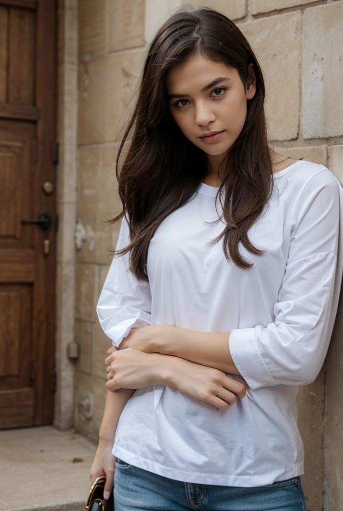 obra de arte, mulher arqueira, loira com cabelos a altura dos ombros, wearing a white tunic with gold details