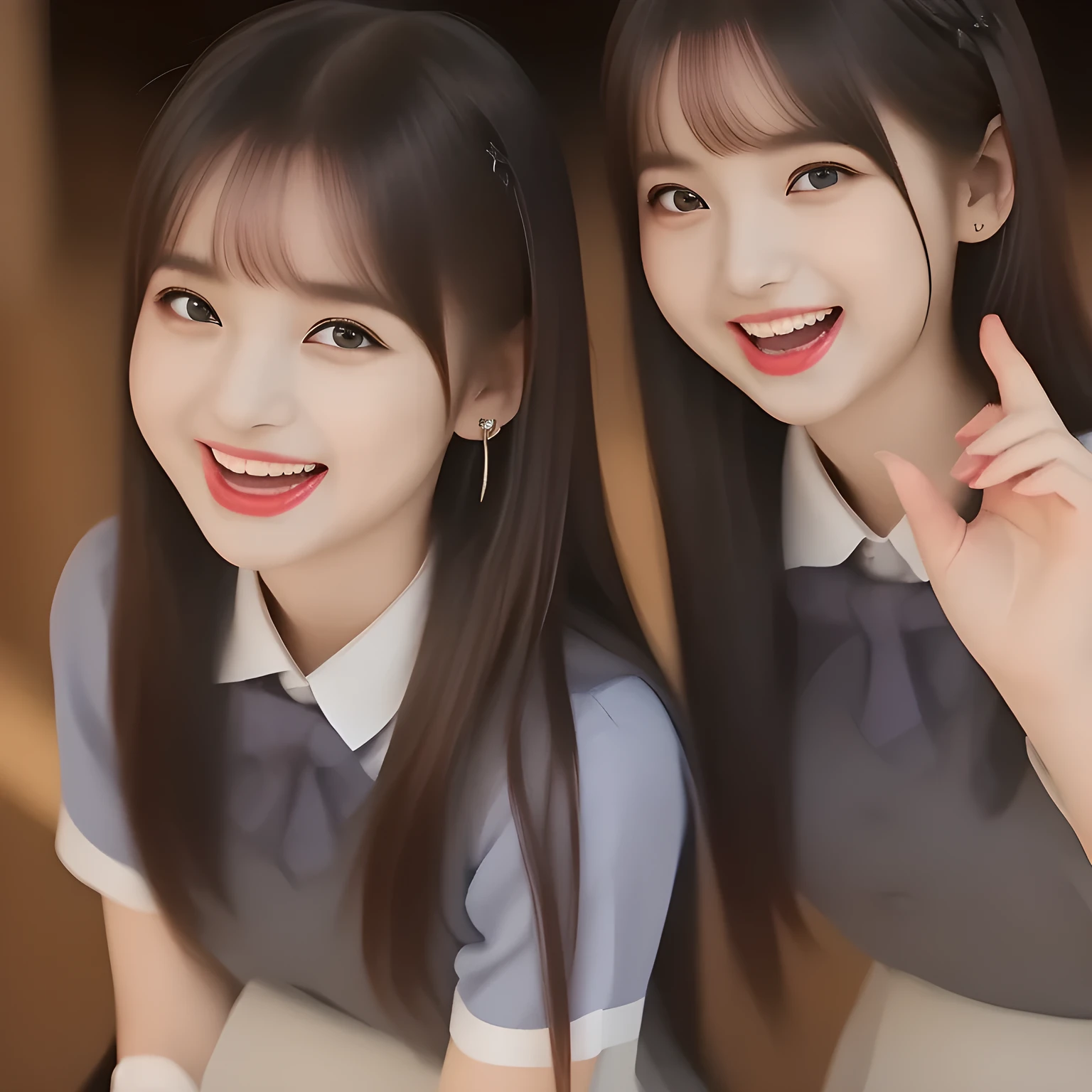 (highest quality, masterpiece, high resolution:1.2), 4K, (Photo quality detailed foreground: 1.2), geometry, (Two succubi of Cute noble beautiful slender girl girly Japanese photo model are (singing in a classic music hall) and looking at the viewer with her too beautiful eyes like laughing fashion model: 1.3), (Using expensive face-whitening cosmetics to make her skin more beautiful and pure by professional makeup artist: 1.5), (devious girlish fascinating laughter in bliss, devious girlish pose: 2.0), Laughing cutely, ((Dark blue) Japanese school girly vest Uniform with neat girly light-yellow short-sleeves school blouse, puffed short sleeves: 1.2), (white socks and school loafers, kicking back: 1.5), (Dark red glossy glossy school ribbon on the breast: 1.0), (Extremely laughing cheeks: 1.8), (Beautiful light-amber large clear open eyes with balanced and detailed cutely: 1.4), (double eyelids: 1.0), (highly curled bangs: 1.2), (Expressing the greatest joy with her whole body: 1.2), (Glossy lips: 1.0), (too long hair reaches her hips: 1.7), (cute earrings), (making the viewer crazy with her beautiful hands: 1.6), (white and clear skin: 1.0), (Laughing cute princess's eyes looking at me: 0.8), (Very shy, cute, slender, pretty, pretty, too girly & Girlish: National Beautiful Girl Grand Prix winners: 2.0), (Everything is organized to have strong effect of hypnosis for the viewer to fall into happy dream with many beautiful girls: 1.5), (The viewer must be transferred to the world of only beautiful girls right now when he sees the eyes of girls in the picture: 2),(Tight waist, slender: 1.5), (The girls know well about the viewer's super fetishism for school uniforms, and satisfies it completely: 1.7), (ethereal close shot: 1.5)