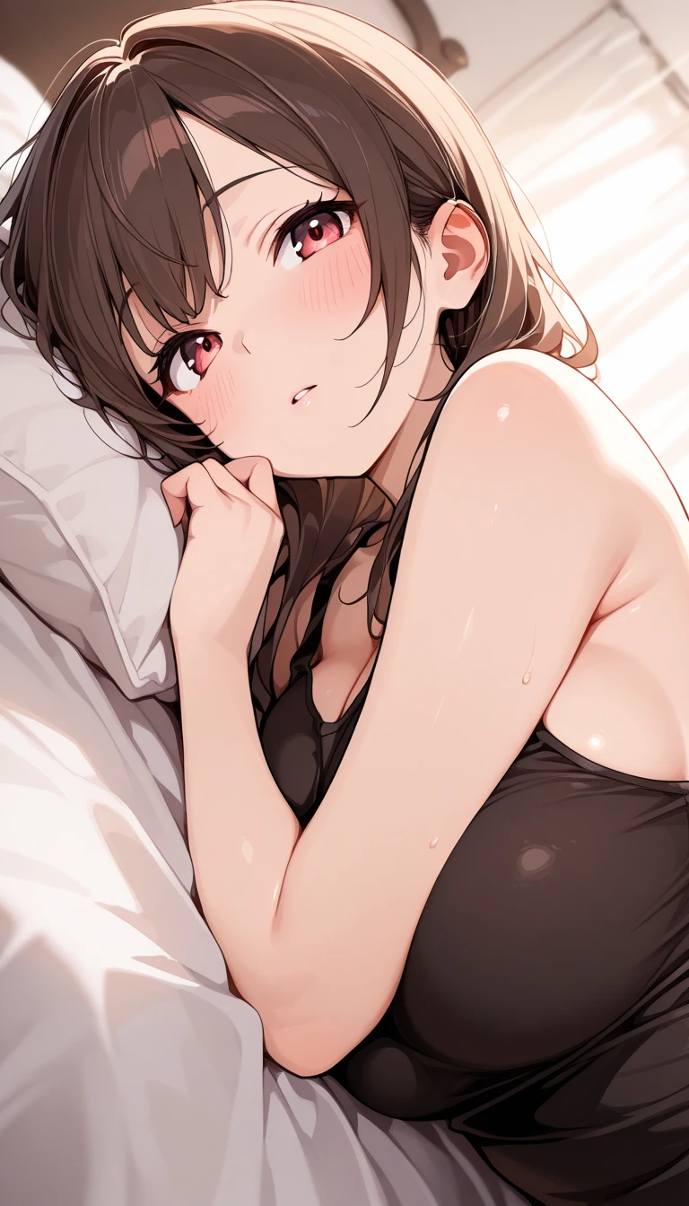 (((masterpiece, best quality, highres, UHD, perfect pixel, depth of field, 4k, RTX, HDR))), 1girl, single, solo, beautiful anime girl, beautiful artstyle, anime character, mature woman, 25 years old, ((long hair, bangs, dark brown hair)), ((detailed face, blushing:1.2)), ((smooth texture:0.75, realistic texture:0.5, anime CG style)), ((medium breasts, cleavage)), indoor, bedroom, dynamic angle, busty, perfect body, dynamic pose, armpit, single hands up, ((fall asleep on the bed, supine, sleep beauty, closed eyes, closed mouth)), ((close up, POV, shot on face)), ((bra, lingerie)), natural light