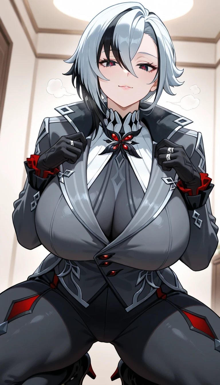 Adult Woman, short gray hair, spiked hair, Red Eyes, Black Eye Shadow, black lipstick, white aristocrat jacket, Black tight pants, Large breasts, musculature, toenails, lock, Sitting on a chair, masutepiece, hiquality, 4K, hard disk, good detail
