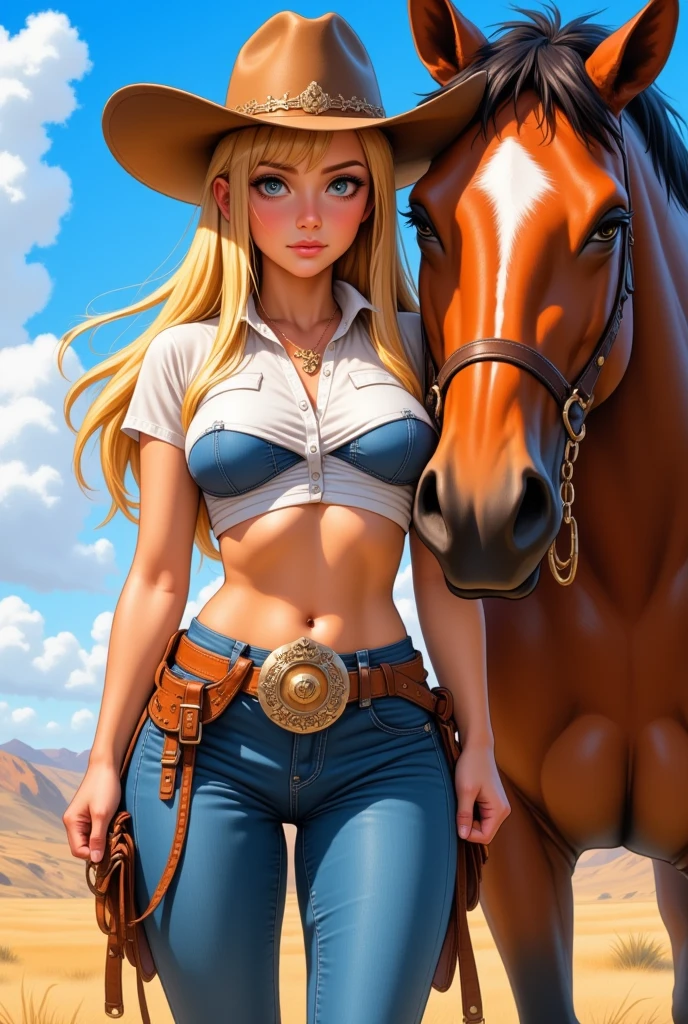 Alyssa Sutherland como uma loira MYTHOLOGICAL ELFA usando jeans ( tight jeans ), jeans azul, detalhes dourados, longos braceletes, cinto vermelho, golden armlets, coxas torneadas, strong facial expression, look at the camera, olhos claros, long braided blonde hair, orelhas de ELFO expostas, orelhas de ELFO expostas sob os cabelos, corpo atletico, musculatura definida, Mulher Destemida, Body position of greatness, perspectiva de corpo inteiro, Vista lateral do corpo, castelo medieval, cavalo, Imagem 64K altamente detalhada