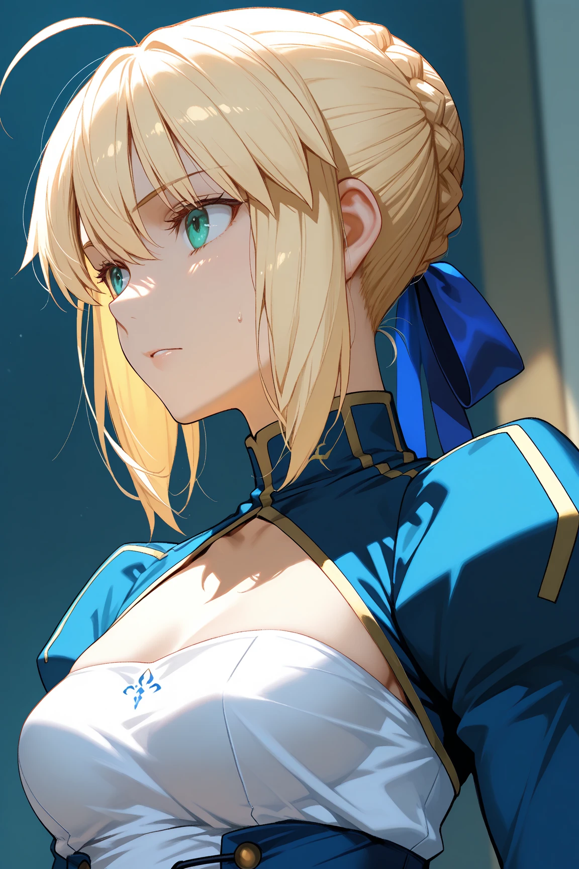 La mejor calidad, Obra maestra,phSaber, phAltoria, 1girl, solamente, Trenza francesa, resplandeciente, Hair bun, Parte superior del cuerpo, bikini, green eyes