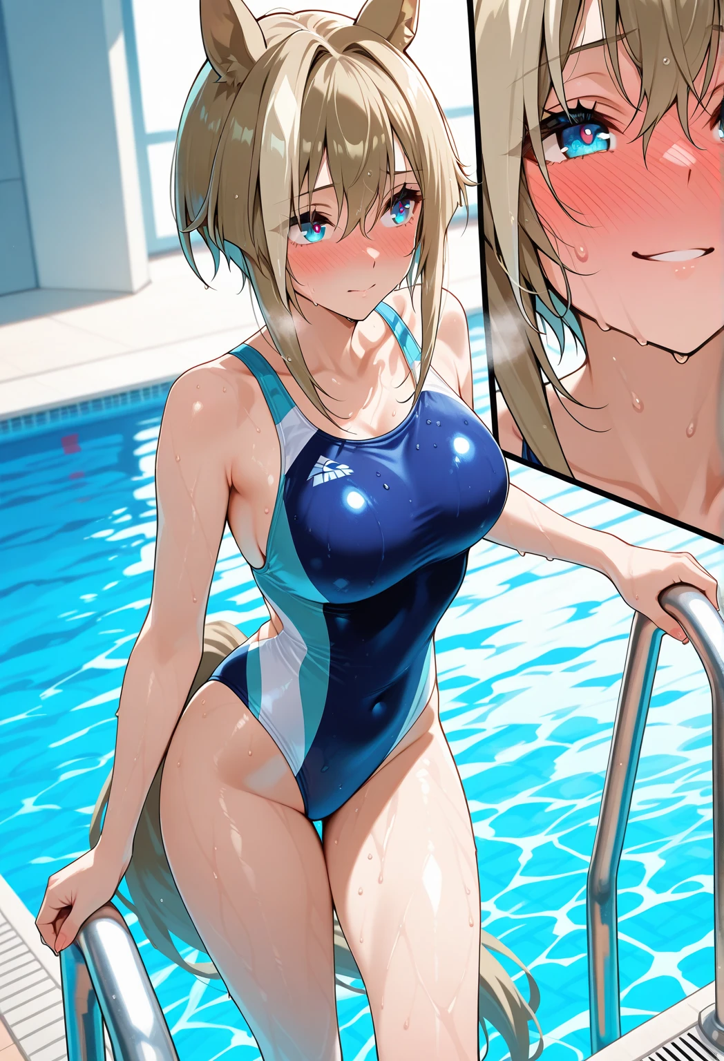 nsfw:1.6, body has two arms, two legs and one head, (Each hand and toe has a thumb, index finger, middle finger, ring finger, and pinky finger.),Top quality:1.2, best quality:1.6, ultra high resolution, masterpiece:1.5 ,4K, 8K, 32K, detailed lighting, shaders, perfect anatomy, perfect proportions, highly detailed, ultra detailed, super detailed:1.2, perfect eyes, perfect face, very delicate and beautiful, illustration, sharp focus, very beautiful and detailed anime face, very detailed eyes, cute:1.4, impressionistic:1.2, blurred background, accurate depiction of arms and hands:1.4, accurate depiction of foot:1.4, Accurate human skeleton drawing:1.4, Anatomically correct human body:1.4,sexually attractive body:1.5,
BREAK
(Beautiful busty woman about 20s:1.3),(blue-green eyes),(dark skin:1.6), (tan lines:1.4),(Perfect proportions: 1.6), (Small pink areolas:1.4), (Pointy upward nipples:1.2),(Full and beautiful breasts: 2), (well developed breasts: 2), (Thin waist: 1.2), (Slender figure: 1.2), (beautiful buttocks:1.1),(Neatly trimmed pubic hair:1.2),
BREAK
(Beautiful blonde hair: 1.6),(shiny braid:1.3), (Bangs swept to the side, showing forehead: 1.5),
BREAK
(Happy smile:1.5), (embarrassed:0.8), (blush:1.5),(pink lipstick),
BREAK
(Ultramarine sequin strapless one-piece swimsuit:1.6),BREAK (naked:0.6), (topless:0.6),(White choker:1.6) ,(Necklace, bracelet, anklet: 1.3),( Nipples and breasts are not covered:1.6), (pubic hair is shown:0.4),( very realistic depiction of skin texture:0.4),(realistic nipples texture:0.8),(natural breasts:1.3),
BREAK
(Walking in the pool:1.4), (profile:0.4),(looking toward me:1.1),
BREAK
(Bust up shot:1.5) ,(from front), (breast focus:1.5)
BREAK
(Highschool pool:1.5),( realistic depiction of water),( window:1.3),