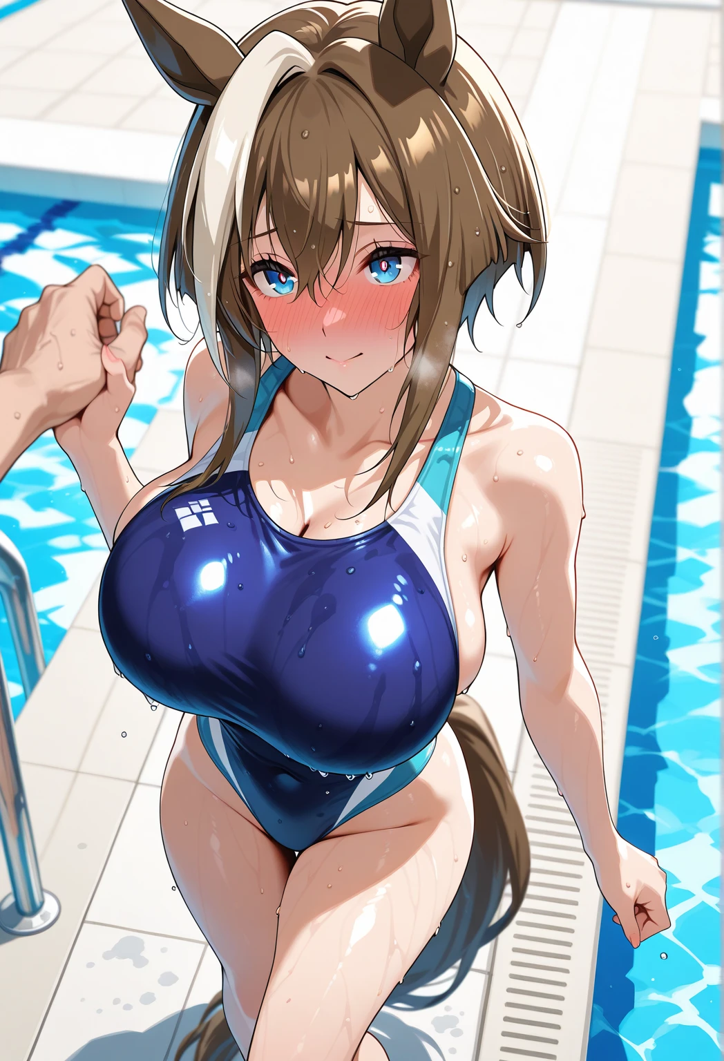 (((masterpiece))), (((best quality))), ((ultra-detailed)), (illustration), ((an extremely delicate and beautiful)), ((super detail)), ((high resolution)), (((nsfw))), (seductive), (((erotic))), (((20 years old))), (pussy juice), camel toe, (((ultra-huge breasts))), gleaming skin, shiny body, two legs, (((((female masturbation))))), soaking wet, breast focus, (((tall))), ((big round eyes)), cute eyes, drooping eyes, very light makeup, ((adult)), (right hand on the clitoris and left hand on the breast), two hands, ((open legs)), five fingers, (no extra hands), no extra arms, braid, medium length hair, ((slender)), pool side, seductive smile, (elderly), metallic blue and transparent competition swimsuit, spread legs, hair shorter than waist,