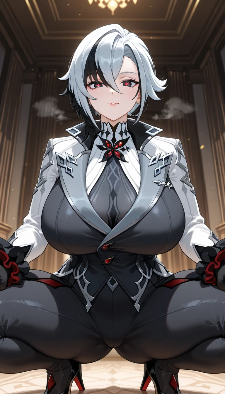 masterpiece, best quality, ultra-detailed ,very detailed illustrations, extremely detailed, intricate details, highres, super complex details, extremely detailed 8k cg wallpaper, monochrome, caustics, reflection, ray tracing, 1girl, super detailed face, Extremely detailed eyes, beautiful eyes, highres eyes, solo, white hair, black hair, multicolored hair, black eyes, x-shaped pupils, gloves,((arle_suit, clothes)), upper body, jewelry, looking_at_viewer, signature, solo, (chubby ,big belly, big thighs, big breast), (dark room:1.4), (at the centre of picture:1.2)
