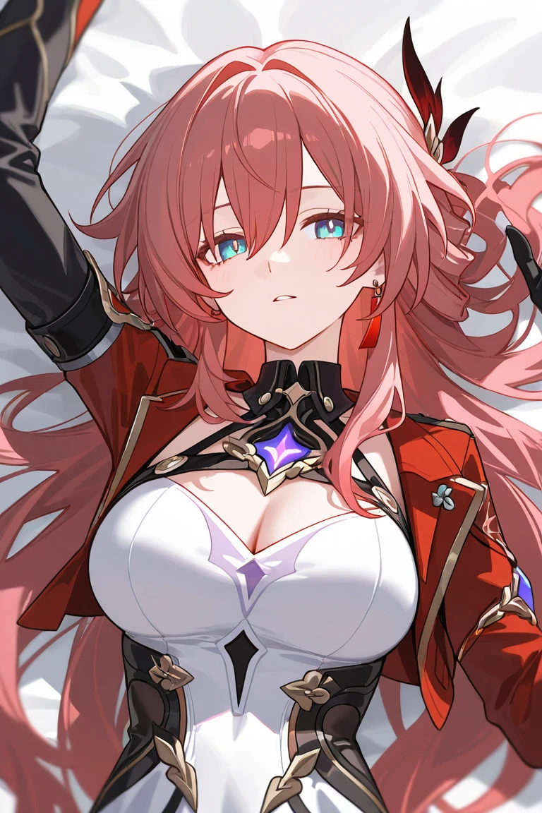 ((masterpiece)),(best quality),official art,extremely detailed CG,unity 8k wallpaper,ultra detailed,A lighthouse on a cliff by the sea,1girl,solo,upper body,(portrait:1.2),looking at viewer,pale_skin,deadpan,fishnet_pantyhose,elbow_gloves,hair_over_one_eye,bare_shoulders,short_hair,red_hair,white_gloves,nun,large_breasts,purple_hair,purple_eyes,thigh_strap,multicolored_hair,high_heel_boots,bangs,streaked_hair,red_eyes,veil,claw_ring,black_footwear,<lora:Rosaria(gen)>,