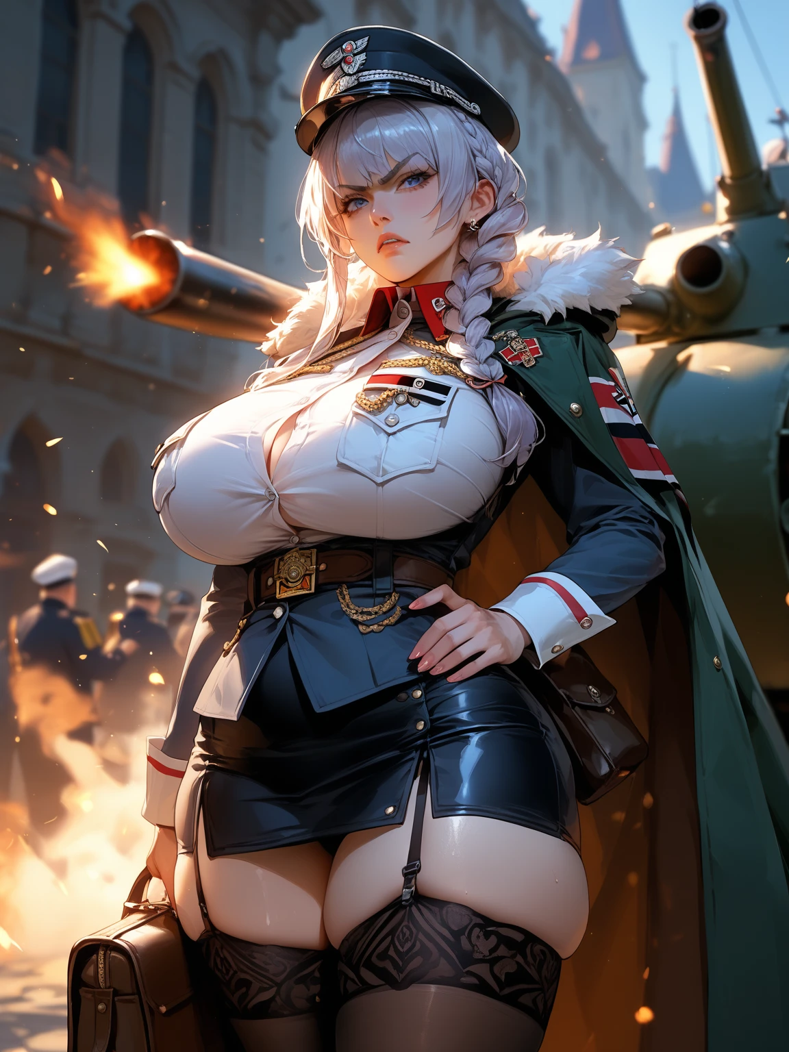 Airship,general,serious,Nine-tailed fox girl,long flowing hair,Big breasts,All American Body,Wear Sergeant Major Clothing,Wearing a sergeant's coat,