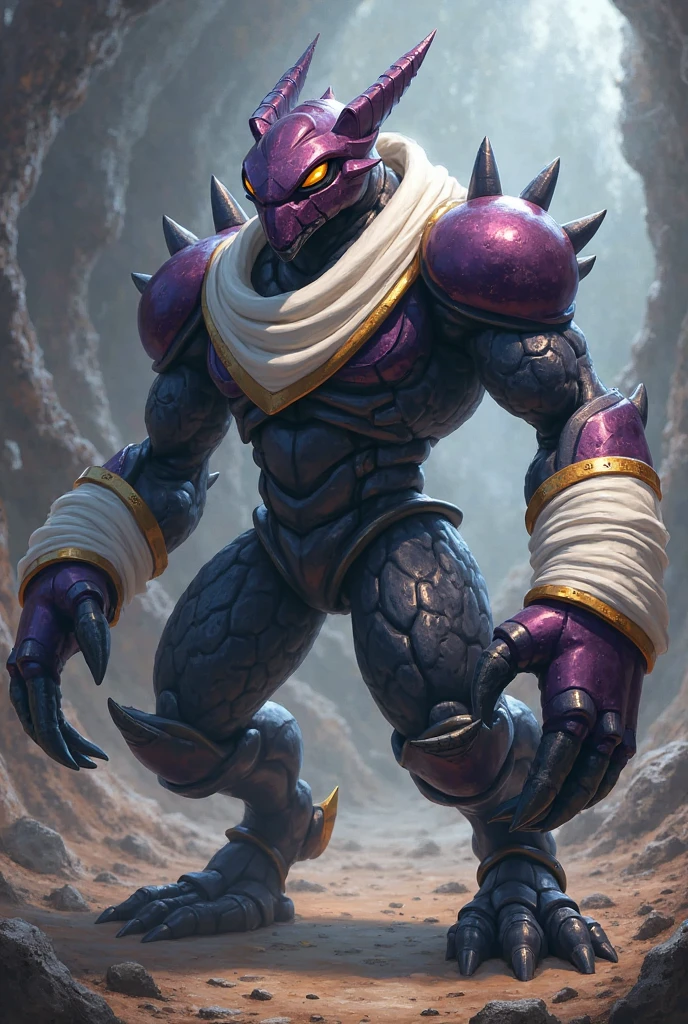 (Random Evolution, Colossal ogre mixed captain captain ginyu), armor body, full body version, full purple and white colour skins, (green eyes), (Grassroots), no background