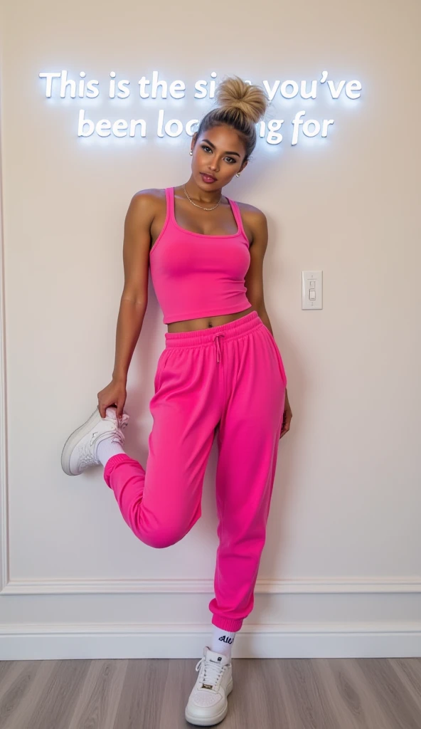 In this cinematic portrait, an elegant Indian model stands poised, dressed in a sophisticated ((( red shorts )) with intricate (( violet tanktop)) . The dress features a ((round neckline))with a subtle front slit, elbow-length sleeves, and a straight cut that falls just below the knee with side slits for ease of movement. She pairs it with stylish white ((strappy heels)), adding a modern twist to her traditional outfit.
