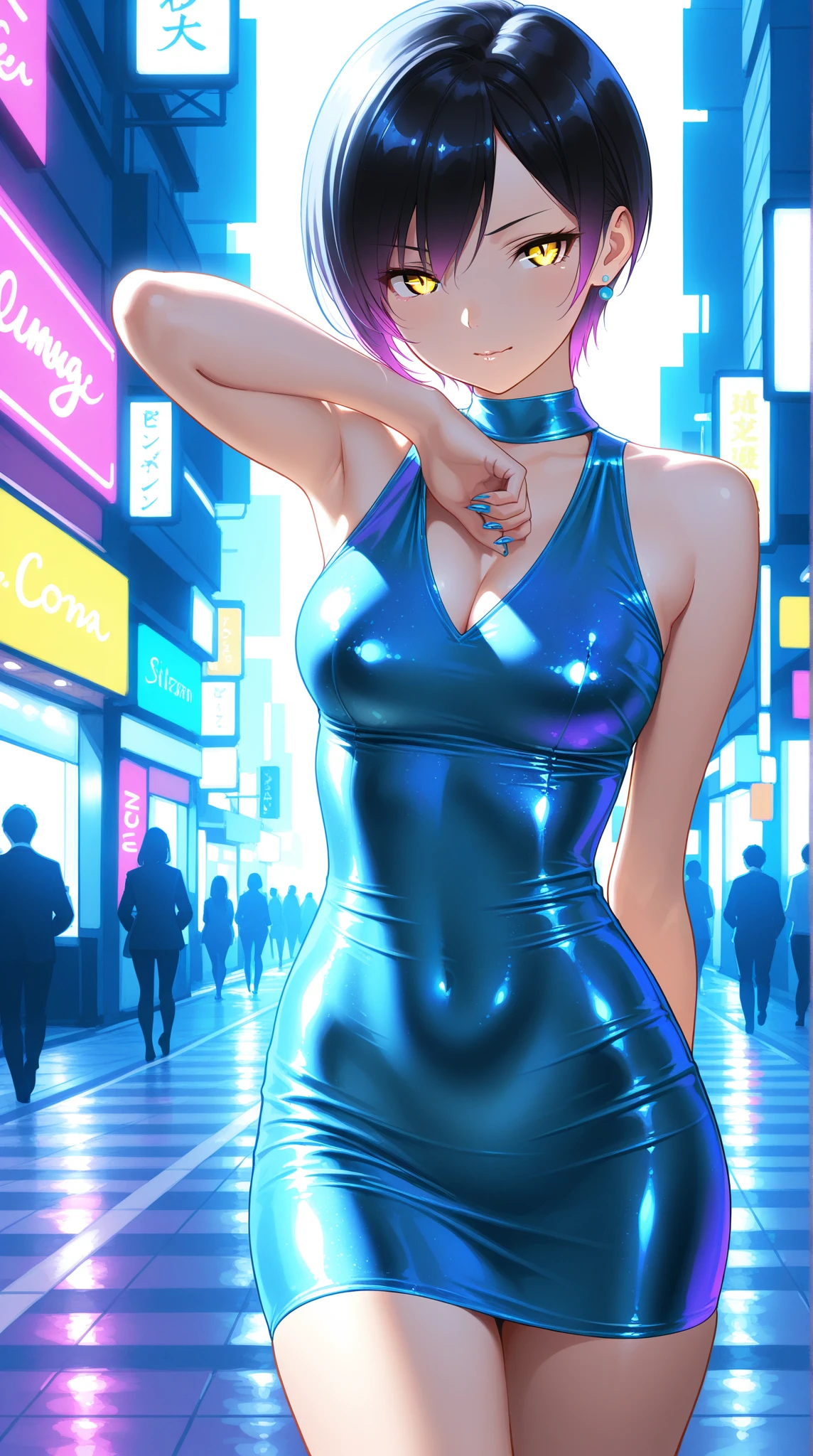 (((Sexy dancer))), ((Sexy and cute futuristic costume)), skirt, (skindentation), skinny, solo, (1 sexy woman), Masterpiece, highest quality, highest quality, 16K, incredibly absurd, highly detailed, 2.5D, ai-generated, delicate and dynamic, very delicate facial expressions, delicate eye depiction, erotic, only sexy woman, ((A cute and kind face)), healthy figure, ((25-year-old woman)), 160cm tall, medium firm swaying bust, blush, Sweat,Embarrassed,sexy, ((thin thighs)), ((shiny and lustrous)), facing straight at viewer, smile, Future City, daytime, bright, dutch angle, sexy, (Metallic shiny costume:0.5), (camel toe:0.5), (visible nipples:0.8), sexy pose,