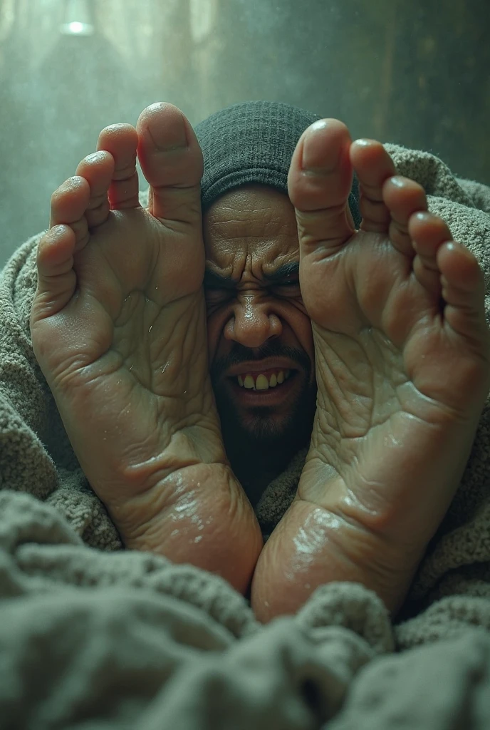 A handsome，Orc with abs tied to the sofa，Shoes taken off，Revealing two big bare feet，Both feet are locked in the foot，Feet raised，Soles facing forward，Five toes tied with rope in foot，His hands were tied tightly to one end of the sofa.，His upper body was stripped，Wearing only a pair of trousers，Being tickled by a man in a cap，His armpits were constantly tickled by feathers.，The soles of his feet were being scratched by two brushes.，The toes are also tickled by the feathers growing from the toes.。The abdomen is scratched with a brush，And he laughed，Struggling hysterically，Swinging his two feet，I want to escape from this nightmare.，But can only endure the punishment of being tickled。*（Have an expression of laughing like being tickled，Keep your feet elevated，The soles of your feet should face the screen）
