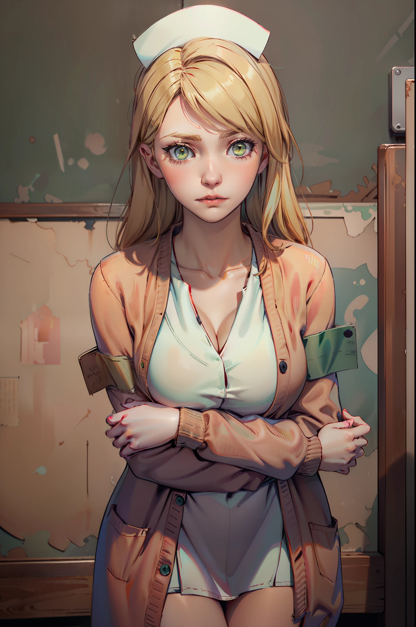 LisaGarlandSH, (extremely detailed CG unity 4k wallpaper),(best illustration),(best shadow),(absurdres), Nurse, White Nurse dress, dark Red Cardigan, Blonde long hair, Green eyes, nervous pose, concerned expression, Abandoned Dark hospital interior background,