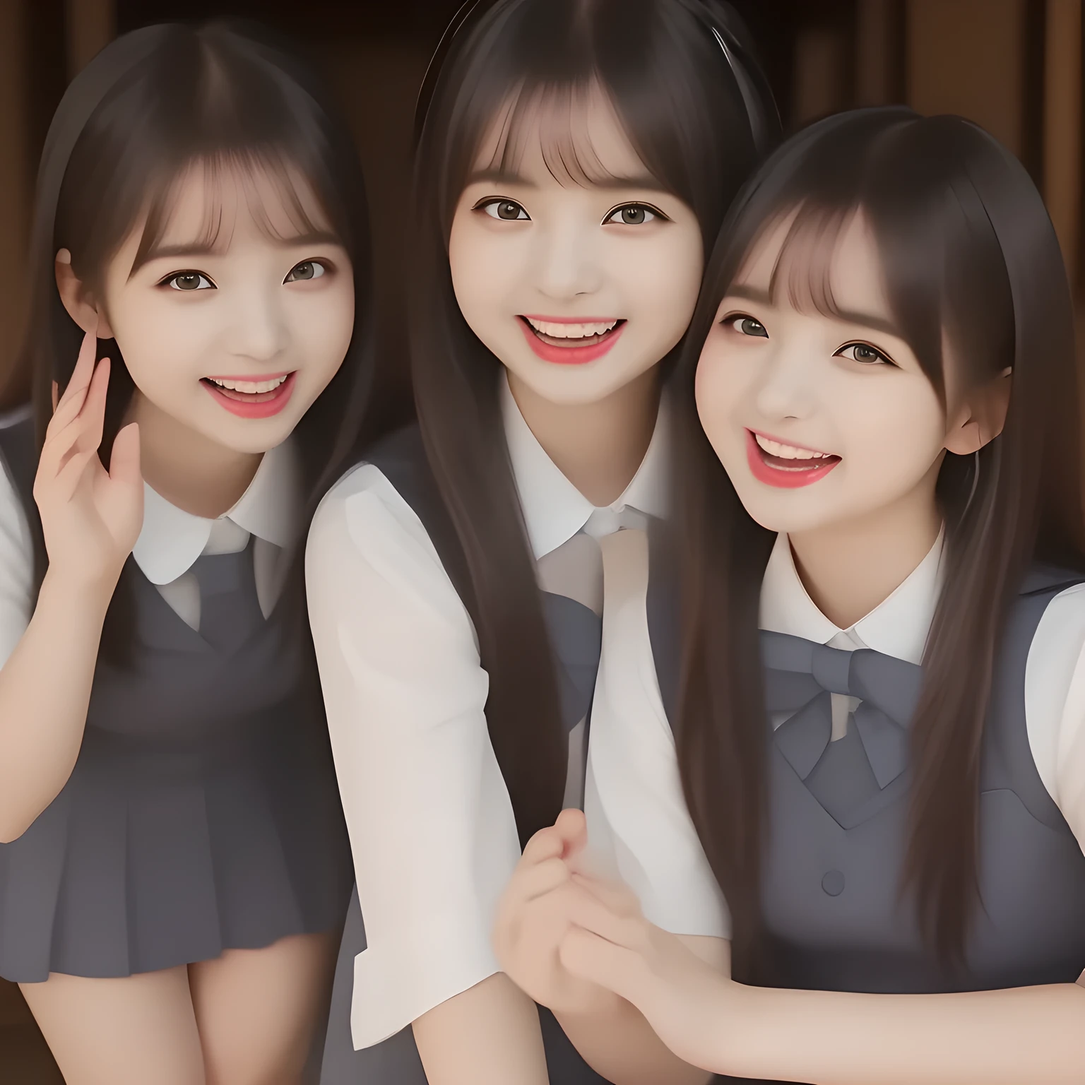 (highest quality, masterpiece, high resolution:1.2), 4K, (Photo quality detailed foreground: 1.2), geometry, (Two succubi of Cute noble beautiful slender girl girly Japanese photo model are (singing in a classic music hall) and looking at the viewer with her too beautiful eyes like laughing fashion model: 1.3), (Using expensive face-whitening cosmetics to make her skin more beautiful and pure by professional makeup artist: 1.5), (devious girlish fascinating laughter in bliss, devious girlish pose: 2.0), Laughing cutely, ((Dark blue) Japanese school girly vest Uniform with neat girly light-yellow short-sleeves school blouse, puffed short sleeves: 1.2), (white socks and school loafers, kicking back: 1.5), (Dark red glossy glossy school ribbon on the breast: 1.0), (Extremely laughing cheeks: 1.8), (Beautiful light-amber large clear open eyes with balanced and detailed cutely: 1.4), (double eyelids: 1.0), (highly curled bangs: 1.2), (Expressing the greatest joy with her whole body: 1.2), (Glossy lips: 1.0), (too long hair reaches her hips: 1.7), (cute earrings), (making the viewer crazy with her beautiful hands: 1.6), (white and clear skin: 1.0), (Laughing cute princess's eyes looking at me: 0.8), (Very shy, cute, slender, pretty, pretty, too girly & Girlish: National Beautiful Girl Grand Prix winners: 2.0), (Everything is organized to have strong effect of hypnosis for the viewer to fall into happy dream with many beautiful girls: 1.5), (The viewer must be transferred to the world of only beautiful girls right now when he sees the eyes of girls in the picture: 2),(Tight waist, slender: 1.5), (The girls know well about the viewer's super fetishism for school uniforms, and satisfies it completely: 1.7), (ethereal shot: 1.5)