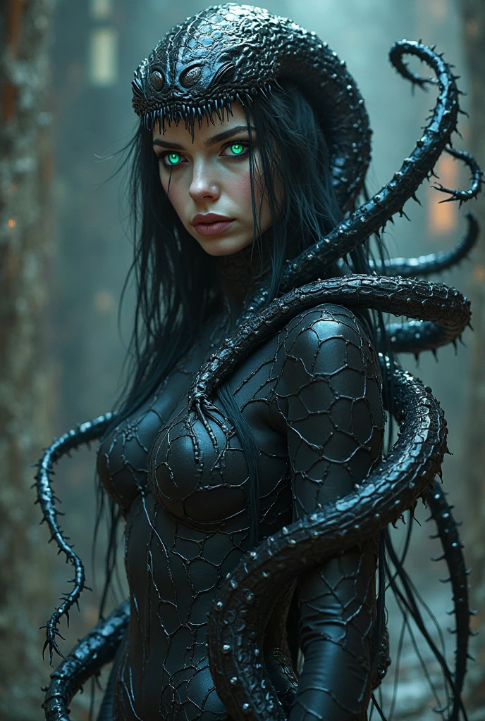 ((masterpiece、highest quality、Super detailed、High resolution、realistic、sharp focus、cinematic lighting))、Beautiful female alien from the world of Lovecraft、bust shot、Bright colors、Sexy Alien、multiple hands、(Lots of blue tentacles)、Extraterrestrial life form、protruding blood vessels、bio image、hair with tentacles、attractive thick eyebrows、 ((big red glowing eyes))、symmetrical eyes、clear eyes、bright red lips、Smooth limbs、Intimate look、perfect anatomy、Beautiful toned body、moist skin、body covered with red mucus、There are scales on the body surface、Glamour、A black dress with a ferocious image、heavy makeup、long fangs、gorgeous face、many intertwined tentacles、tattoo、SF、evil aura、H. R.Giger'Impact of、cthulhu、fractal、Lively characters、view audience、snake hair、Snake-eyes