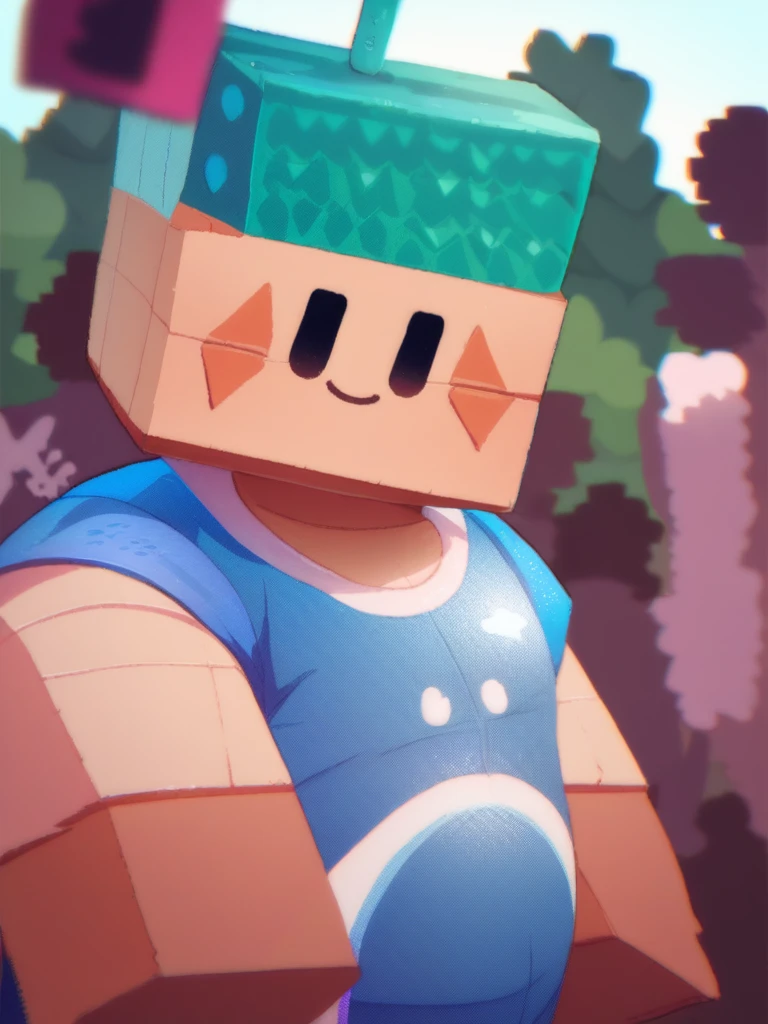 Roblox Noob,  chubby ,  Swimsuit , Belly Big to Reveal Clothes, cute, Swim in the water park, There are many people, side view, awkward, face red