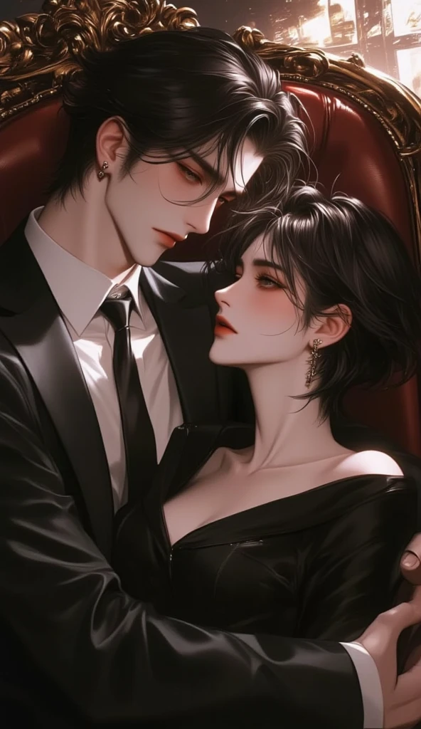 beautiful aesthetic illustration, flat anime, half body photo, There are two people sitting on the couch of a club kissing, gorgeous man, gorgeous woman in red dress, elegant with short hair, black hair, atmospheric lighting, 4k UHD, hyper detailed, vibrant colors, sharp focus, romantic masterpiece, shot from movie