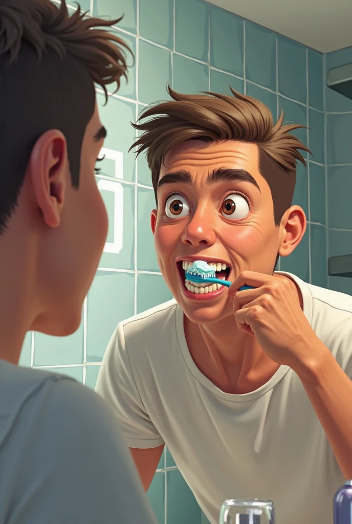Tim is brushing his teeth. He is looking in the mirror and making sure his teeth are clean. The toothbrush is moving up and down, and Tim is concentrating
