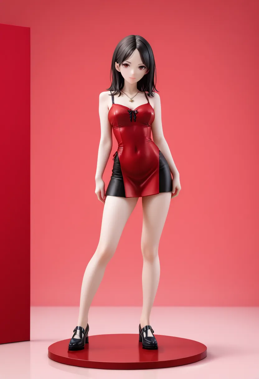 Girl in red bikini, (standing), body completo.de forehead, hands on hips, shy, detailed face, perfect body, 4k, good anatomy, (bottomless), (cameltoe, in heels), white background, marked, black hair