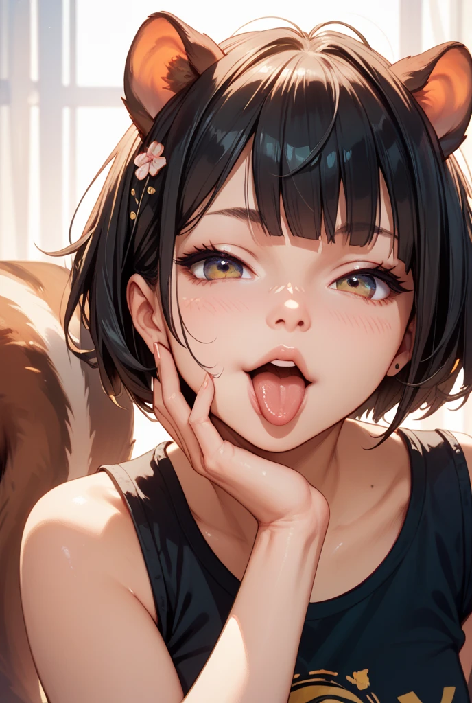 black hair, streaked hair, bell, star-shaped pupils, mole under eye, cat ears, open mouth, tearing up, from below, border, ccurate, textured skin, 4K --auto