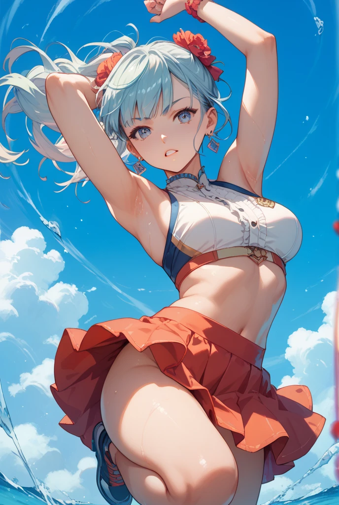 score_9, score_8_superior, score_7_superior, masterpiece, best quality, absurdres, high_fidelity, vibrant, sauce_anime, rating_explicit, White haired cat ear girl, Straight, Viewer Perspective, Reaching out, Adorable, pretty embarrassing,, Sailor suit, white panties, nipples, Cat's Tail, underboob, cowboy shot