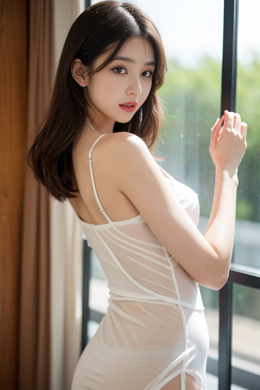 ((8K, highest quality、best image quality、ultra high resolution、Drawn in ultra-high definition、alone、look closely at the camera))、1 girl、realistic、Depth of written boundary、natural soft light、Echiechi, Constricted body, 30 years old, beautiful and detailed eyes, short bob hair, bright hair color, highest quality, masterpiece, Moist eyes, great pose, brown eyes, smile, perfect fingers、perfect hands、perfect body、perfect face, perfect anatomy, glossy lips, natural makeup, small ass, professional lighting, cowboy shot, negligee, simple background, From above, bright room,