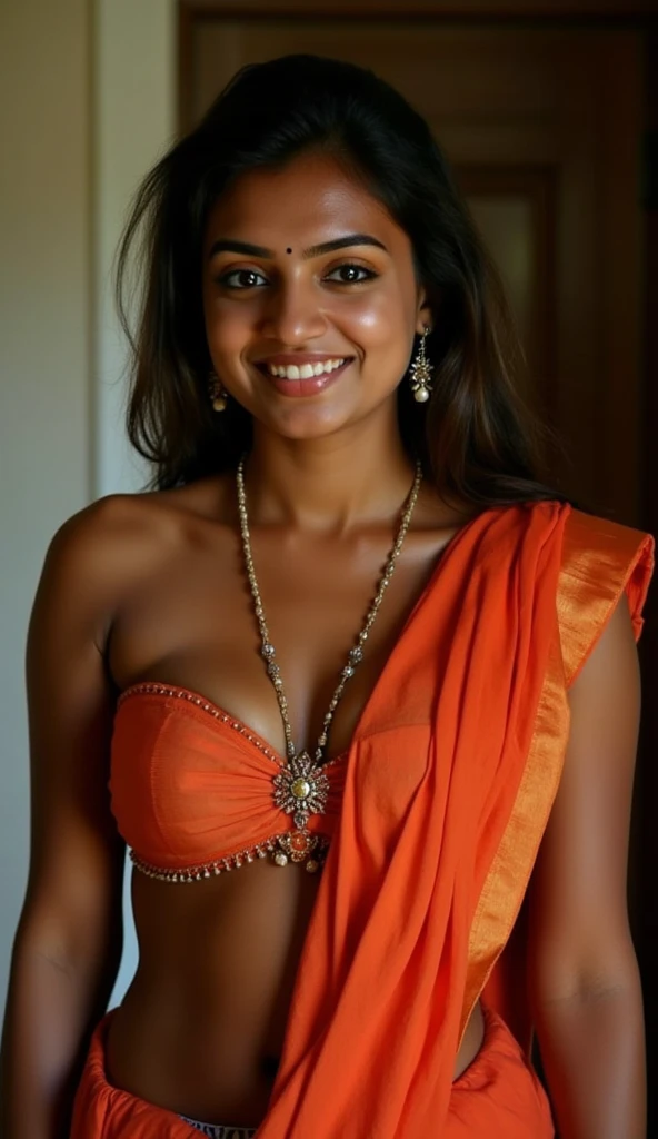 Beautiful naked  Indian girl with small breasts smiling at viewer