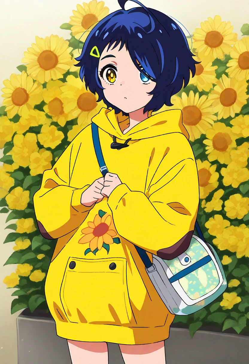 masterpiece, best quality, ultra-detailed, ray tracing, perfect lighting, (shiny skin:1.2), 1girl, solo, <lora:Ohto_LoRa:1>, blue_hair, short_hair, hair_ornament, ahoge, hairclip, heterochromia, blue_eyes, yellow_eyes, hood, hoodie, yellow_hoodie, shoes, shorts, hood down, blue_shorts,bag, indoors, day, window, young, light smile,