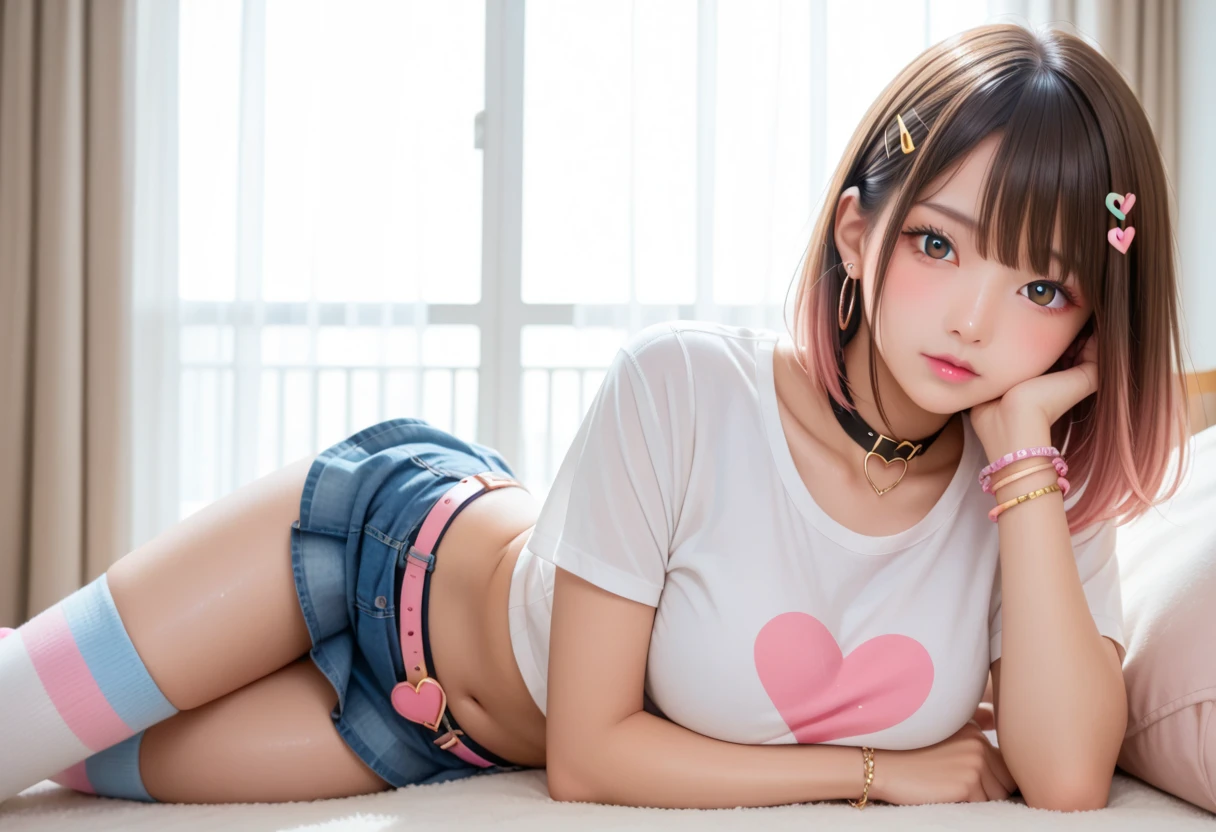 The pieces fly, Highest quality, figure, Very detailed, The finer details, High resolution, 8k,wallpaper, Perfect dynamic composition,(Detailed high quality, Realistic depiction of eyes:1.3), Off-the-shoulder T-shirt and denim mini shorts, Short Bob Hair, Black hair color, Big Natural Color Lip, Bold sexy pose, (Perfect figure), Crying a little、Cold Stare, Harajuku Style、20-year-old girl、Cute type、Lolita、Beautiful feet, Nightclub, Gravure idol pose, Voluptuous thighs, After sex,(heart:1.3)