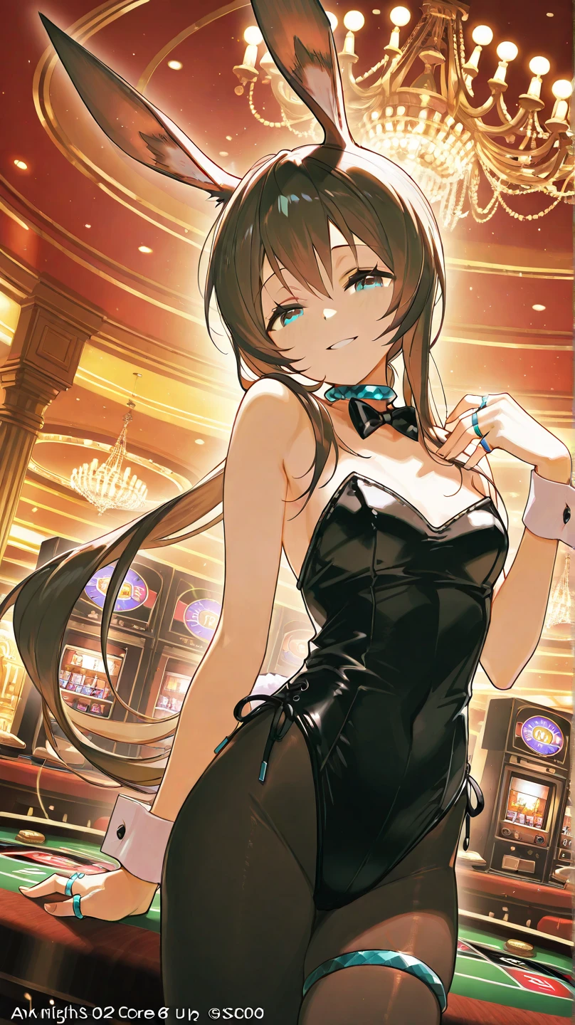 Top quality, masterpiece, incredibly beautiful, very delicate 8k wallpaper, transcendent beautiful girl, Gal, (black hair, straight long hair), happy smile, (deep skin, dark skin:1.1), BREAK, cowboy_shot, Bunny girl, rabbit ear headband, rabbit tail, Enamel leotard, wrist_cuffs, BREAK, cleavage, (flat_chest, huge_breasts, wide_hips), BREAK, (wearing fishnet tights:1.1), (five fingers, 4fingers and 1thumb), (bare arms, bare shoulders), casino, roulette table, lots of coins,