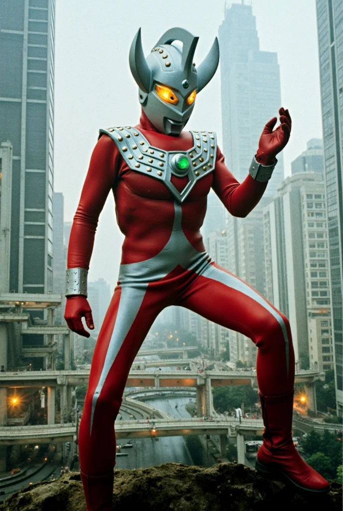 Ultraman Taro,Tokyo cityscape,Midnight,dark,neon,A giant as tall as a building、Fighting Pose,slim,Muscular,silver helmet,Long limbs,Weapon,Gorgeous Body,Incitement,4K,Photorealistic,Portrait,male focus,highres,clear,silver line on red rubber bodysuit,