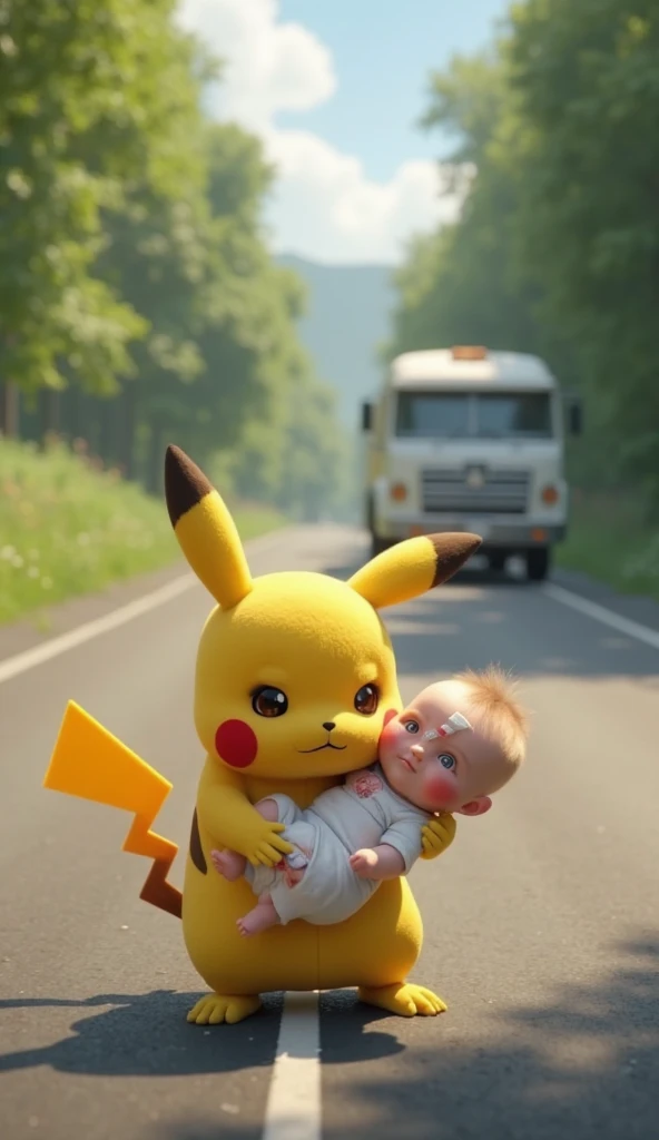A little boy eating ice cream，Riding Pikachu