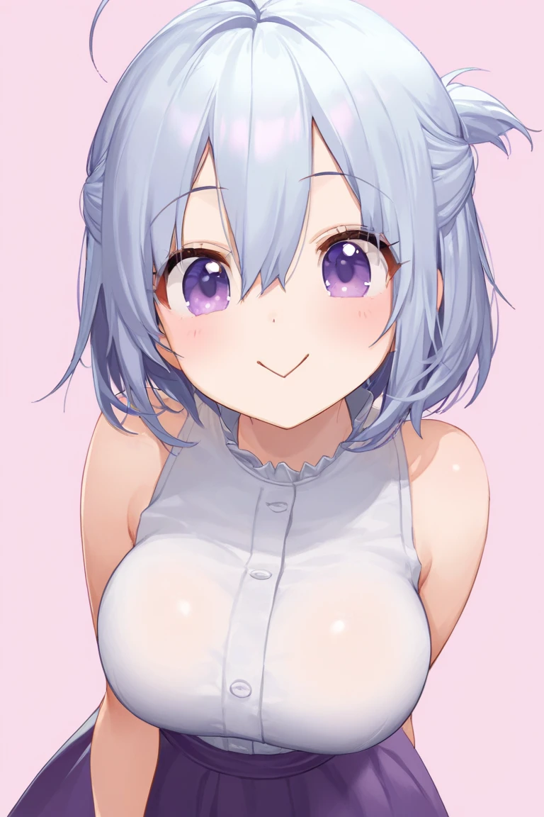1girl, ultra high res, large chest, cleavage, white shirt, gym shorts, bent down, smile