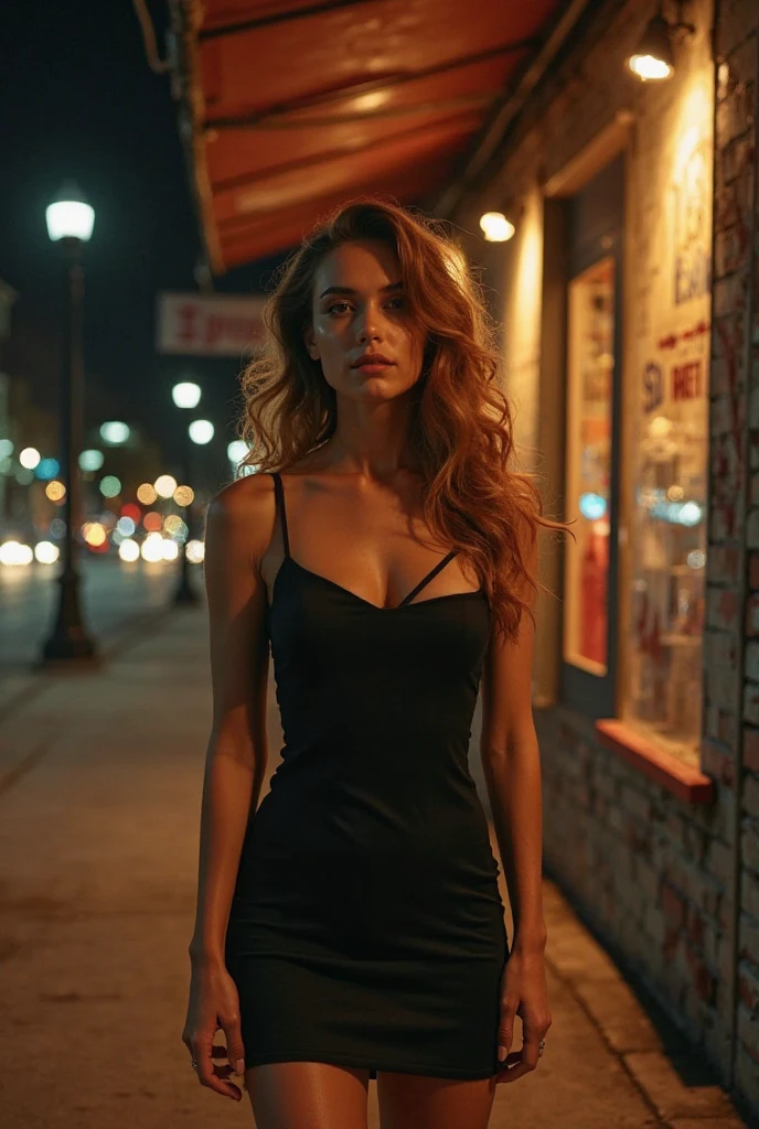 Street photography photo of a beautiful women named Anastasia Luppova with long ginger wavy hair, capturing her reflection in a storefront while window-shopping, upper body framing, on a quaint Parisian street, with neon lighting from shop signs, shot from a high angle, on a Sony A7111, with a (bokeh effect:1.3),(in the style of Liam Wong:1.4