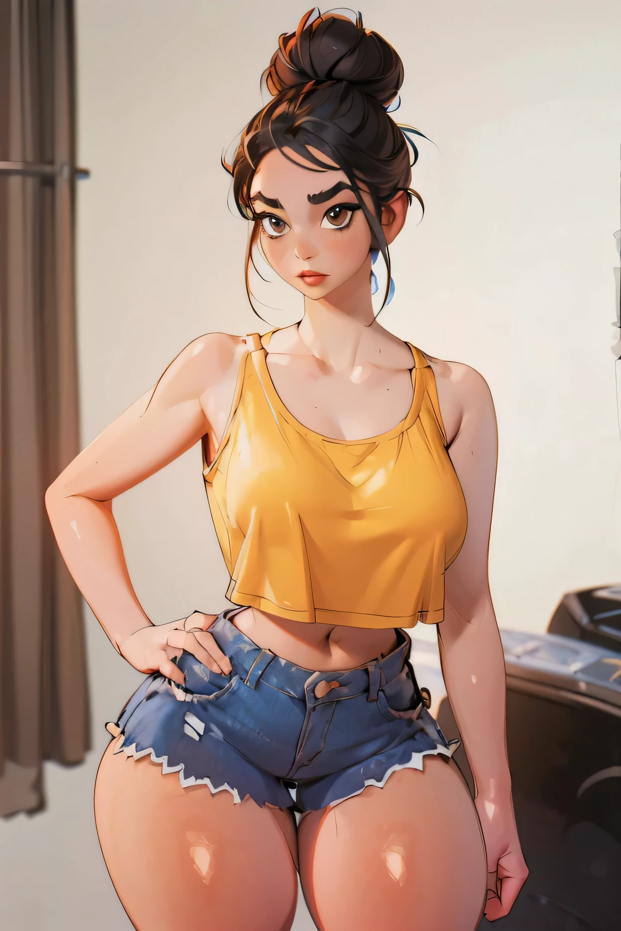 Hermione Grainger, summer, sweaty, short shorts, nerdy, tank top, ((large breasts, cameltoe, covered in semen, crotch focus)).