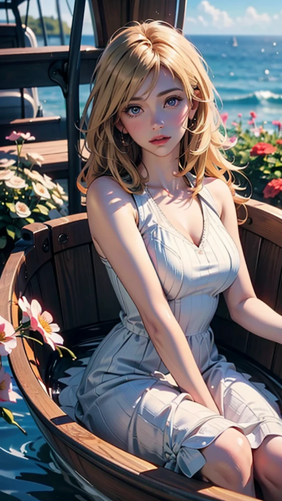 (charming:1.2+beautiful:1.2)(attractive:1.3+luring:1.3)(30-year-old:1.3)woman sitting elegantly on a stool, (wearing an enticing sundress:1.3) with a low