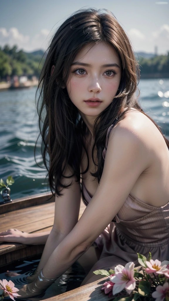 A high-resolution photograph of a 2 French woman with freckles. She has long brown hair in a loose updo and soft facial features. She is wearing a light, short sundress with a floral design and a plunging neckline. The dress has a boho-chic style. The background is a serene landscape with mountains, trees, and a body of water. The lighting is soft, with a warm hue. The overall image has a depth of field effect, with the subject in sharp focus and the background blurred. The photograph has a slight bokeh effect.