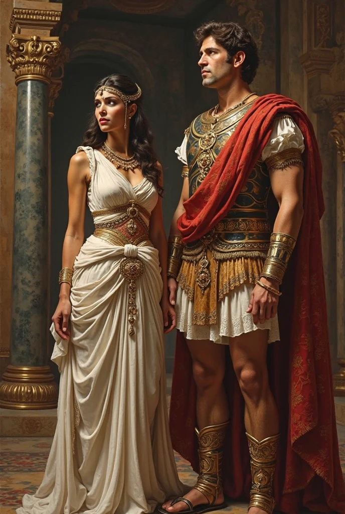 (1 man and 1 woman existence ), (1 man is Herod Antipas, 1 woman Herodian is wife), Front view, looking at viewer, 1 century, the king of the Jews, He is Arab and 50 years old, (Dark brown curly hair, Brown eyes ,He has a beard and curled moustache under his nose and on his chin, serious) ,middle body, (Gold crown), (Ionic nobles of the Roman Empire, Wearing a white tunic), (Red Toga, One-shoulder robe:1.3), ancient Sandals women is Jewish girl 30 years old, (dark brown hair chignon, serious, gold earring, gorgeous neckless with jewel, tiara with diamond, long black see-through back hood, ),(C cup breasts, slender whist, wide hip), (White silk see-through shot blouse, Blue Bra with jewel , brown leather belt with jewel, White long see-through skirt on silk brown patron), gorgeous sandal, ((Textured skin , HI Detail Skin, (Shorthand, Canon, 8k, Anatomically correct, Super Detail, Attention to detail, Your Highness))