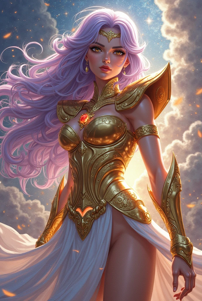 Goddess Athena, from Sainty Seya, with long pink hair, wearing her sacred armor of the Gods, and with the staff of the goddess Nick in one hand and her shield in the other